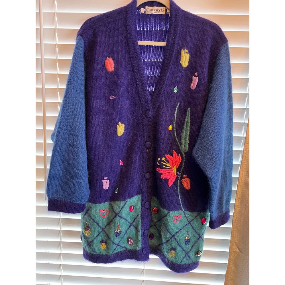 Vintage Campofiorito Italy 70% Mohair Cardigan L Embroidered Jeweled Floral 80's